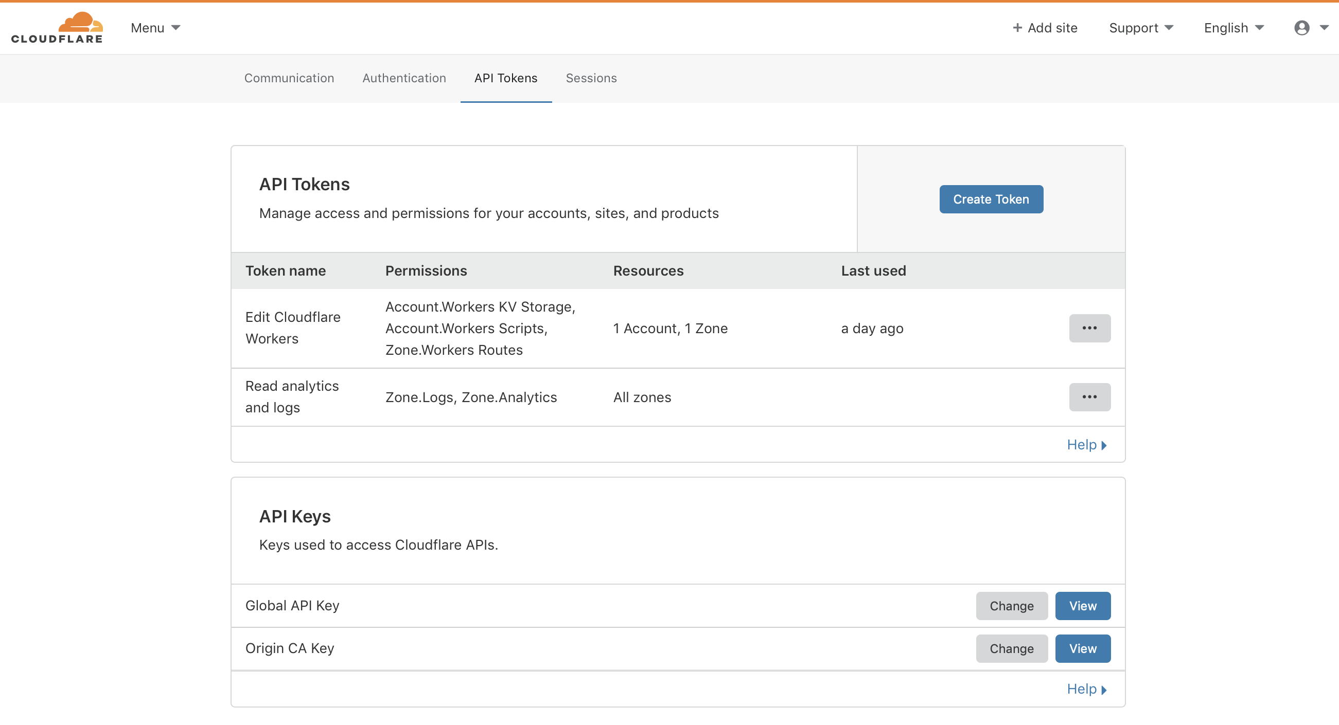 Existing API tokens listed in the API Tokens tab.